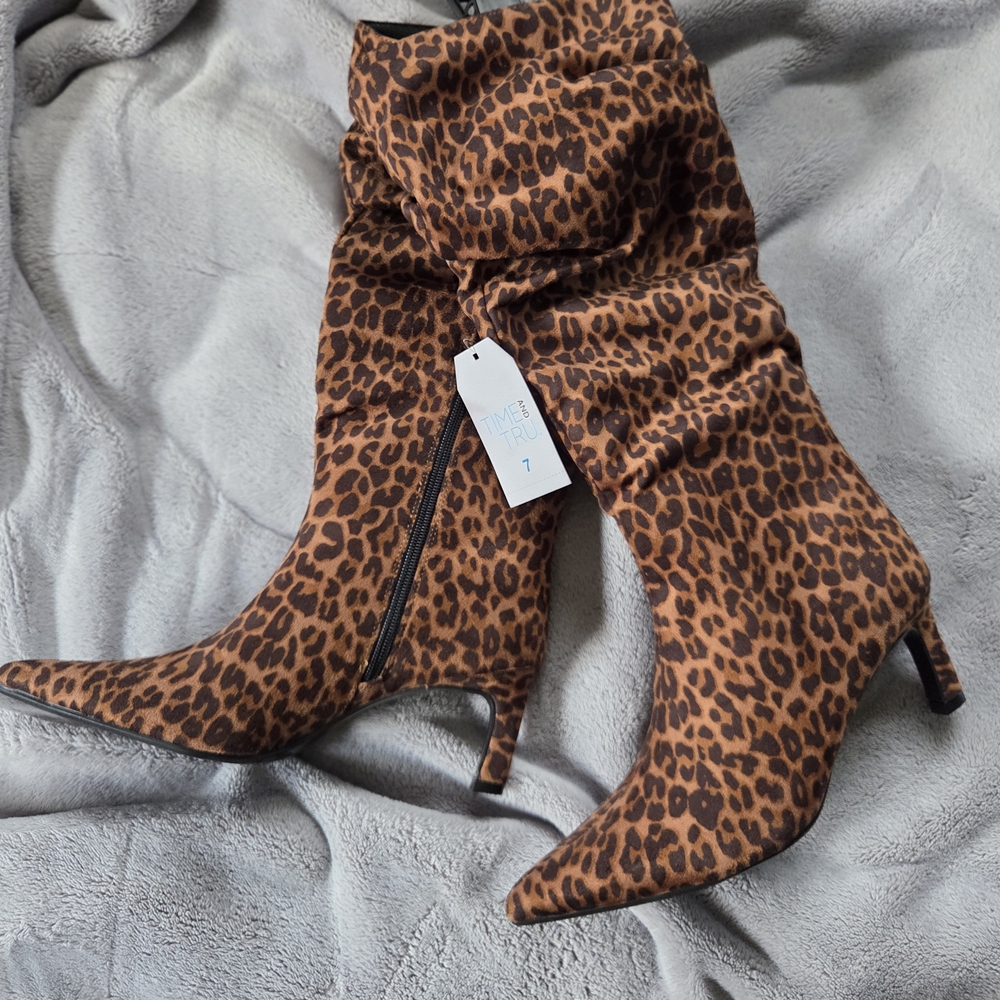 Time and Tru Leopard-Print Over-The-Knee Pointed Toe Boots - Brown/Black